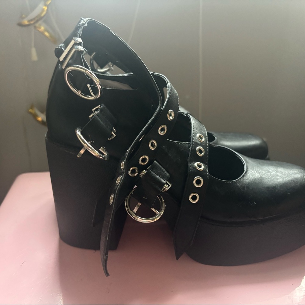 Black Platform Mary Jane Heels with Buckle Strap Detail